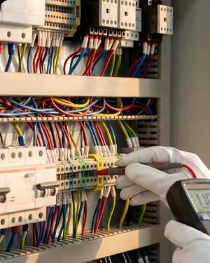Detalle del cableado de mando y las protecciones magnetotérmicas de un tablero de distribución.
