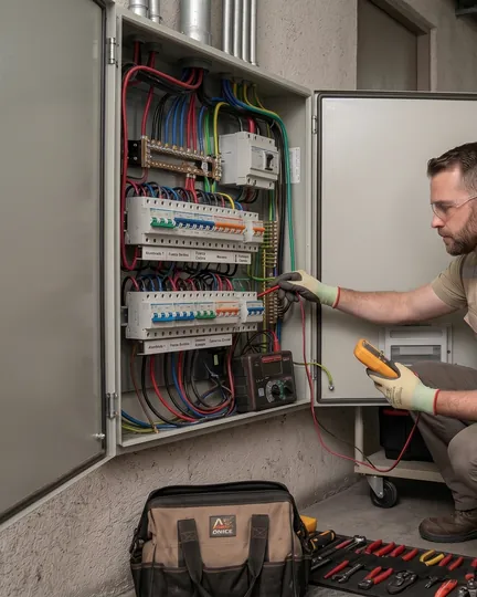 Técnico de ADEYC inspeccionando el cableado y las protecciones de un tablero de departamento con el instrumental desplegado en el suelo.