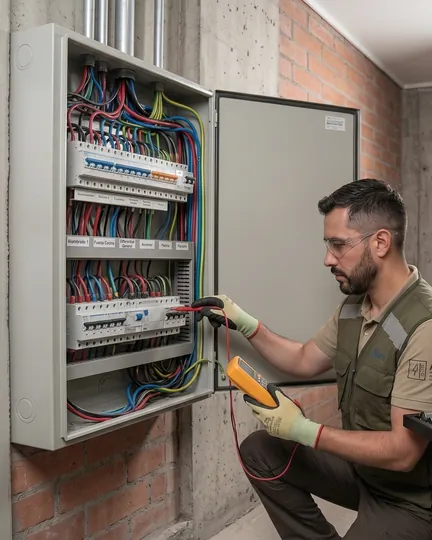 Técnico de ADEYC midiendo con multímetro en un tablero abierto, junto a los planos eléctricos del edificio y la cámara termográfica en su maleta.