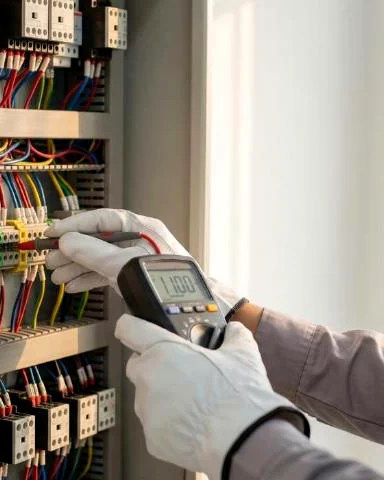 Medición con multímetro sobre las protecciones de un tablero eléctrico de edificio.